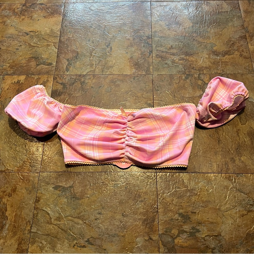 NWT Sugar Thrillz (Dolls Kill) Brand Pink Plaid Off-Shoulder Top Size Small